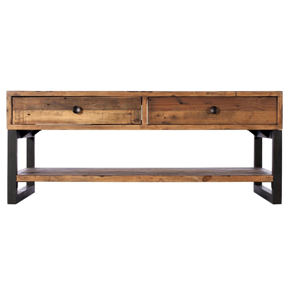 Table basse double plateau 2 tiroirs en bois recyclé 120x70cm - Maisons du Monde