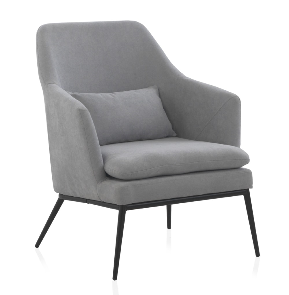 Fauteuil tapissé gris perle avec coussin et pieds en métal noir