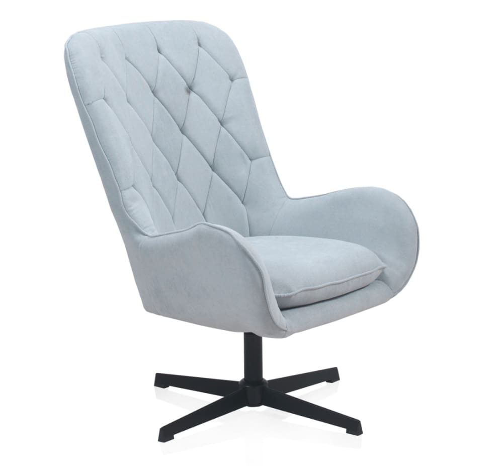 Fauteuil pivotant tapissé en bleu clair et pieds en métal