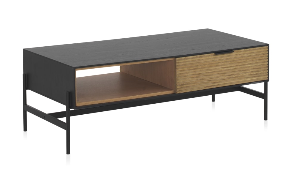 Table basse avec placage en frêne noir et pieds en métal noir