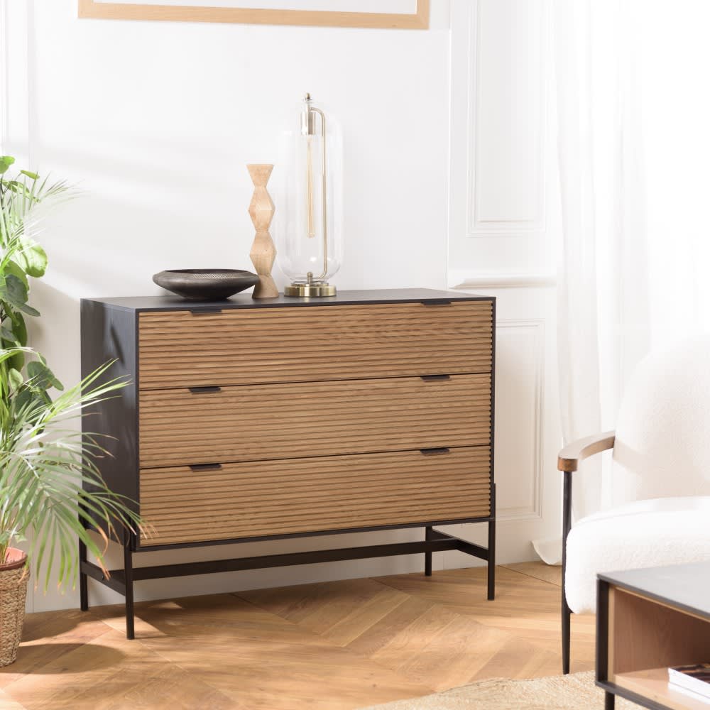 Commode marron et noire 3 tiroirs pin pieds métal noir