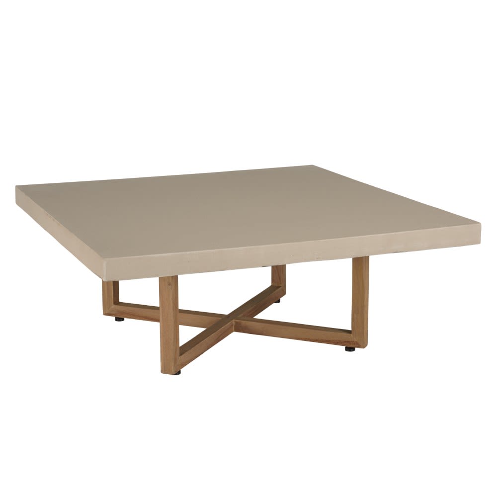 Table basse carrée 107x107cm en béton beige pieds croisés en teck