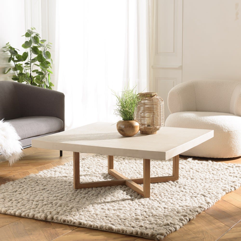 Table basse carrée 107x107cm en béton beige pieds croisés en teck