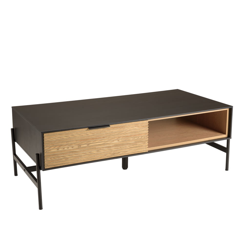 MACABANE Couchtisch mit 2 Schubladen und 1 Fach aus Kiefer mit Metallbeinen style industrial Schwarz Spanplatte