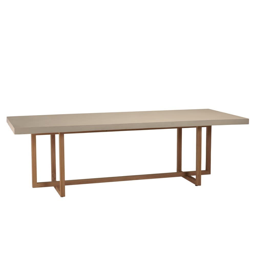 Table à manger rect. 243x100cm béton beige pieds croisés en teck