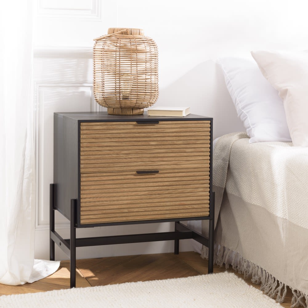 Chevet marron et noir 2 tiroirs Pin pieds métal noir
