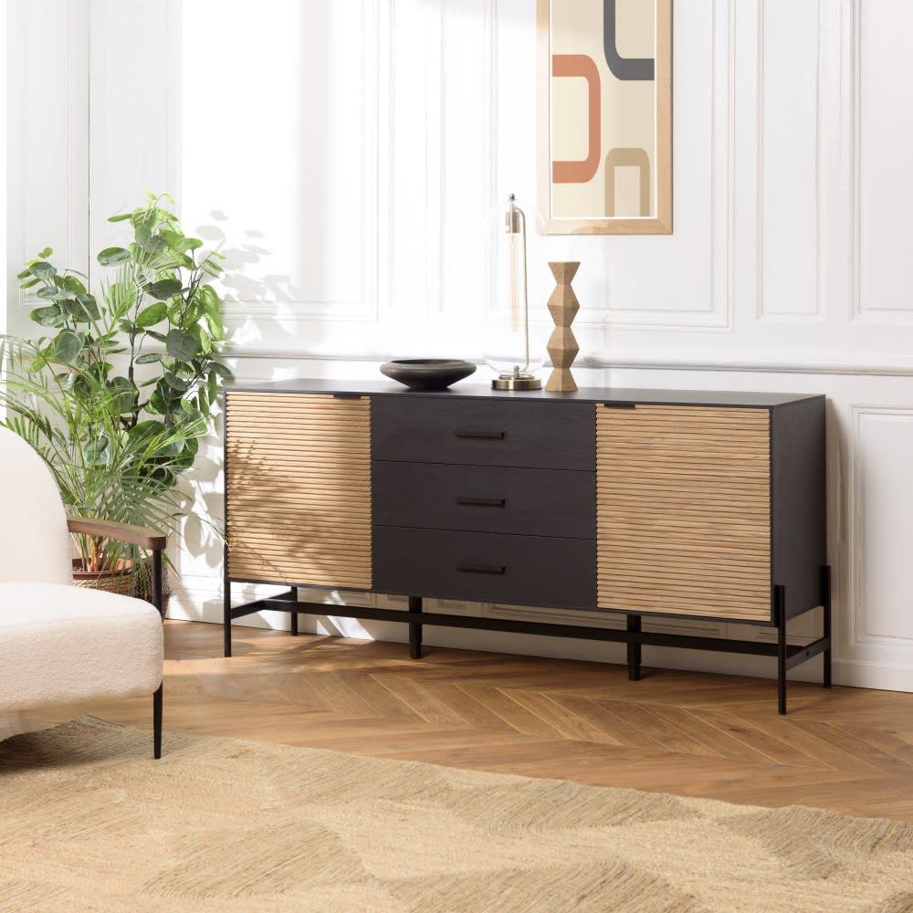 Buffet marron et noir 3 tiroirs 2 portes Pin pieds métal noir