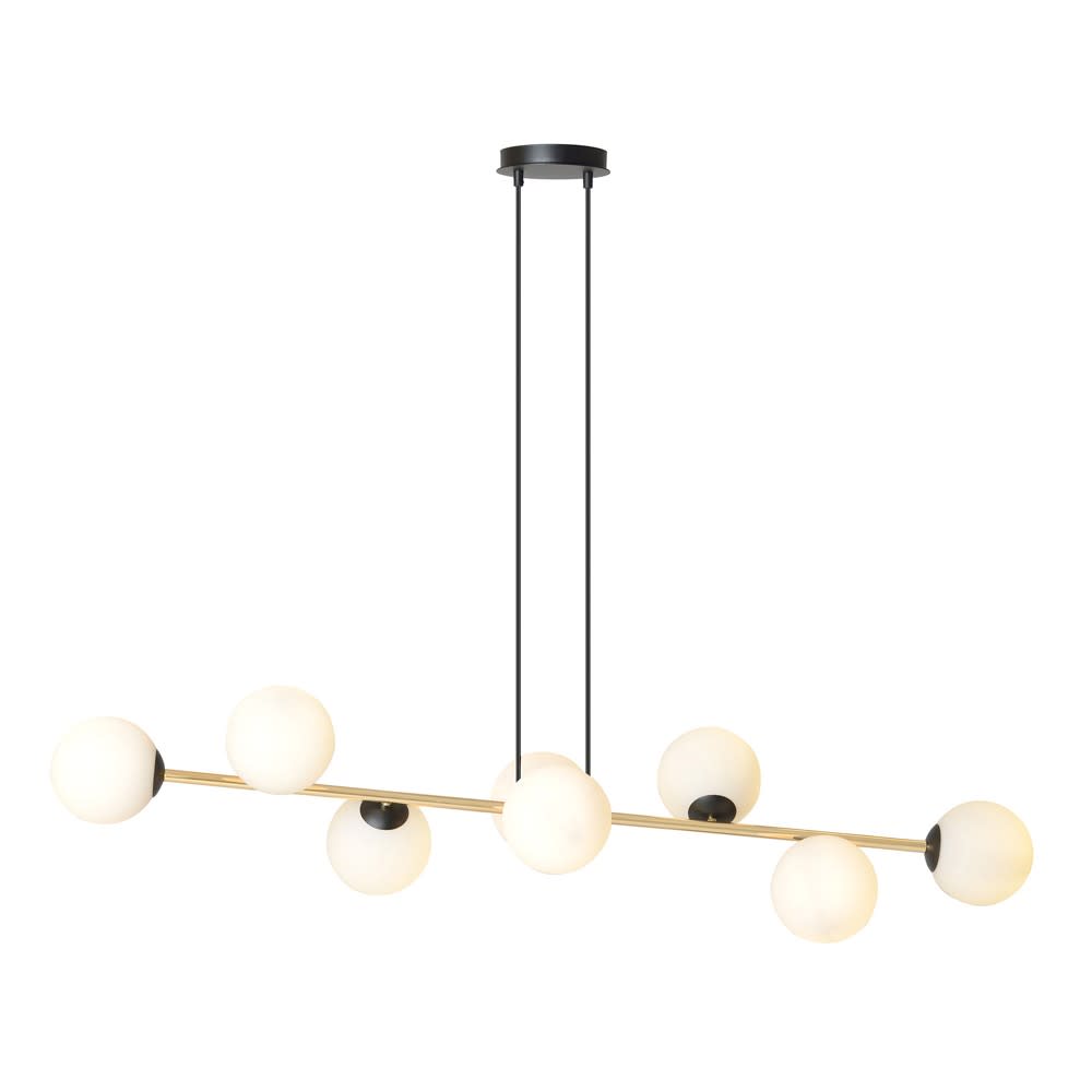lampara colgante moderno negro y dorado con 8 esferas de cristal