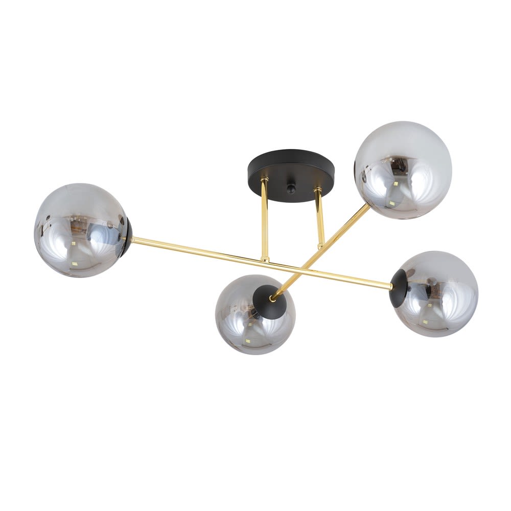 Plafonnier noir avec 2 barres en métal doré et 4 sphères grises