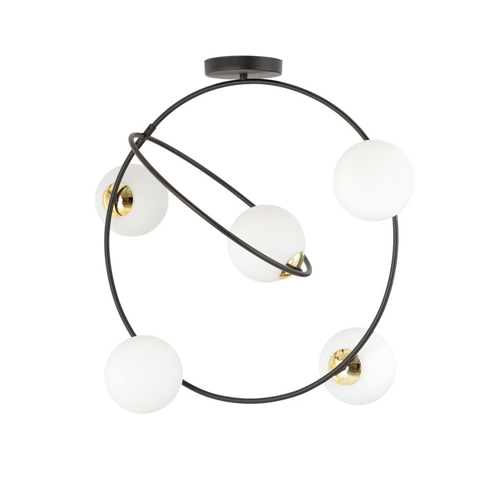 Plafonnier avec anneaux noirs et 5 sphères en verre blanc