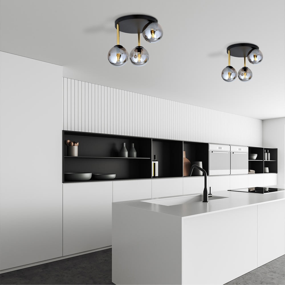 Plafonnier noir et doré avec 3 sphères gris miroir