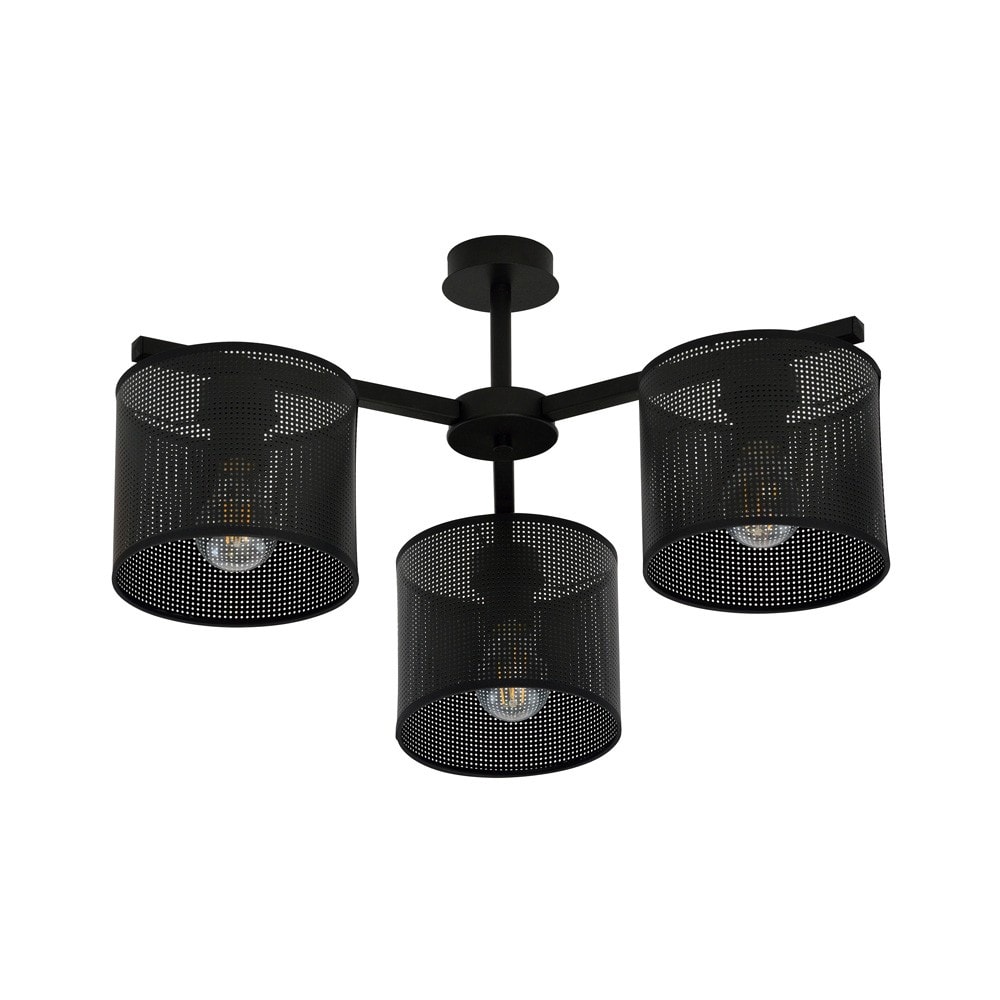 Plafonnier à 3 abat-jour cylindriques en métal et tissu noir