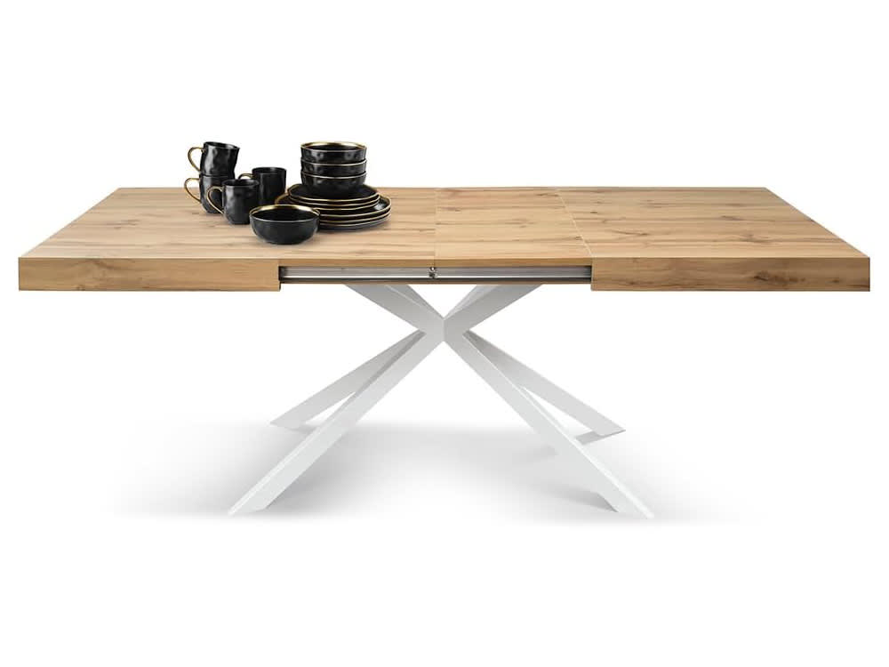 Holztisch, Eichenoptik, weißes X-Fußgestell, ausziehbar, 140 x 90
