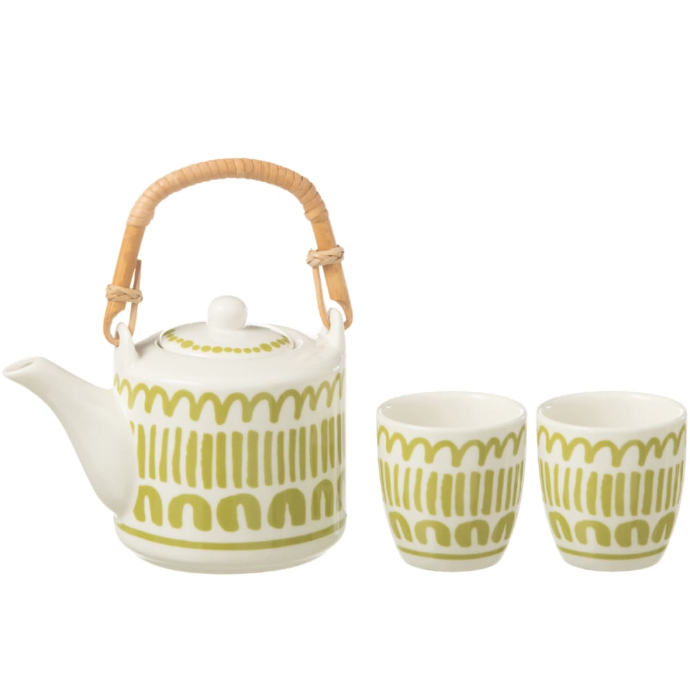 Jolipa Ensemble théière et 2 tasses en céramique blanche à rayures vertes