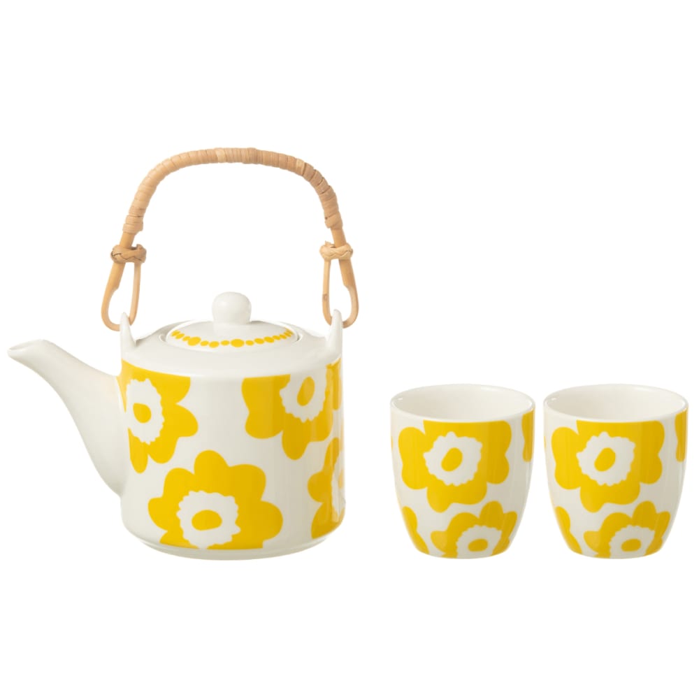 Jolipa Ensemble théière et 2 tasses en céramique blanche à fleurs jaunes