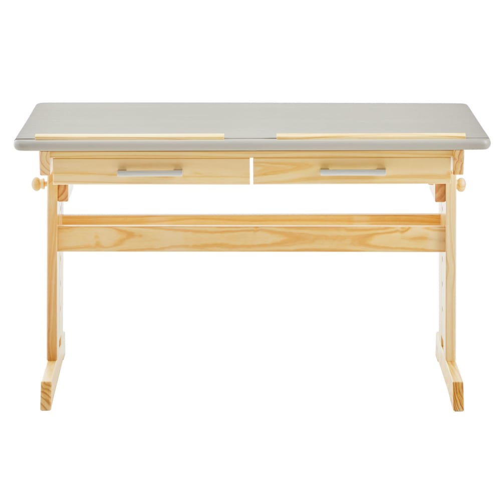 Bureau enfant évolutif 2 tiroirs en bois massif, naturel/gris