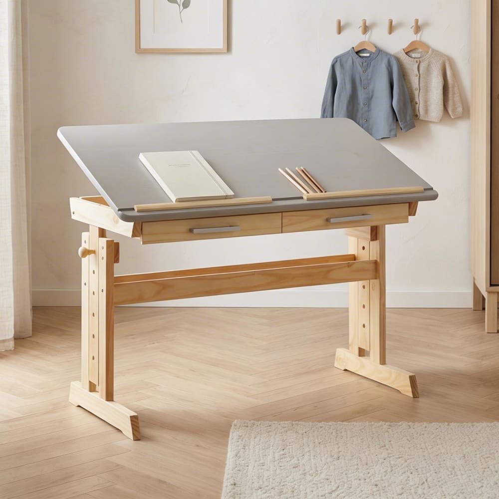 Bureau enfant évolutif 2 tiroirs en bois massif, naturel/gris - Maisons du Monde