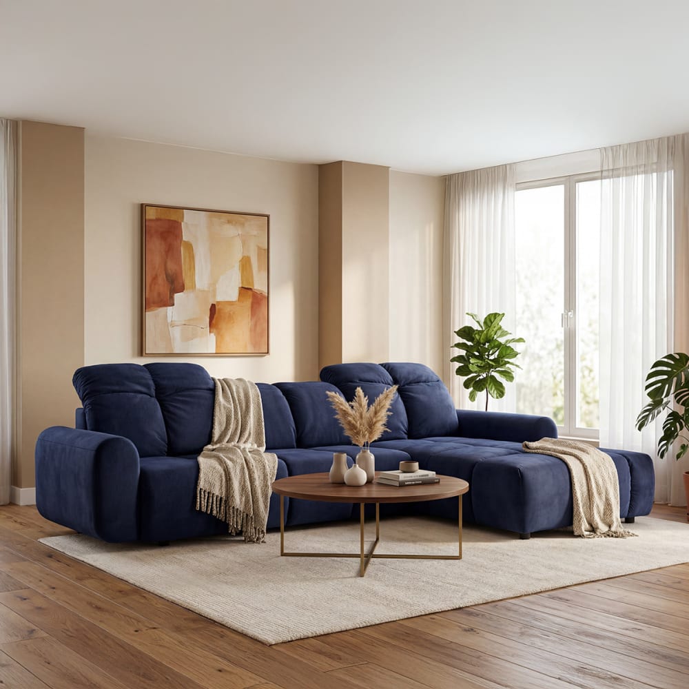 Canapé 3 places velours angle droit bleu - Maisons du Monde