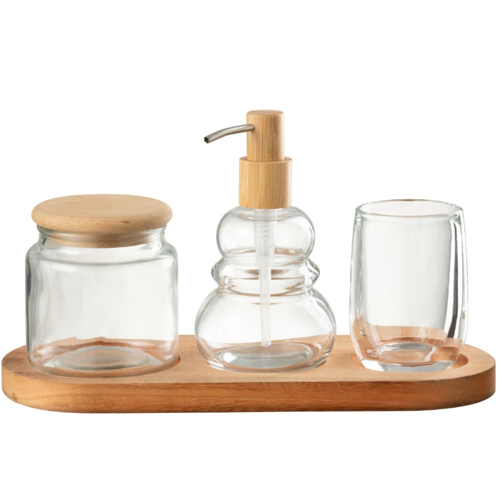Jolipa Ensemble de 4 accessoires de salle de bain en verre et bois Beige