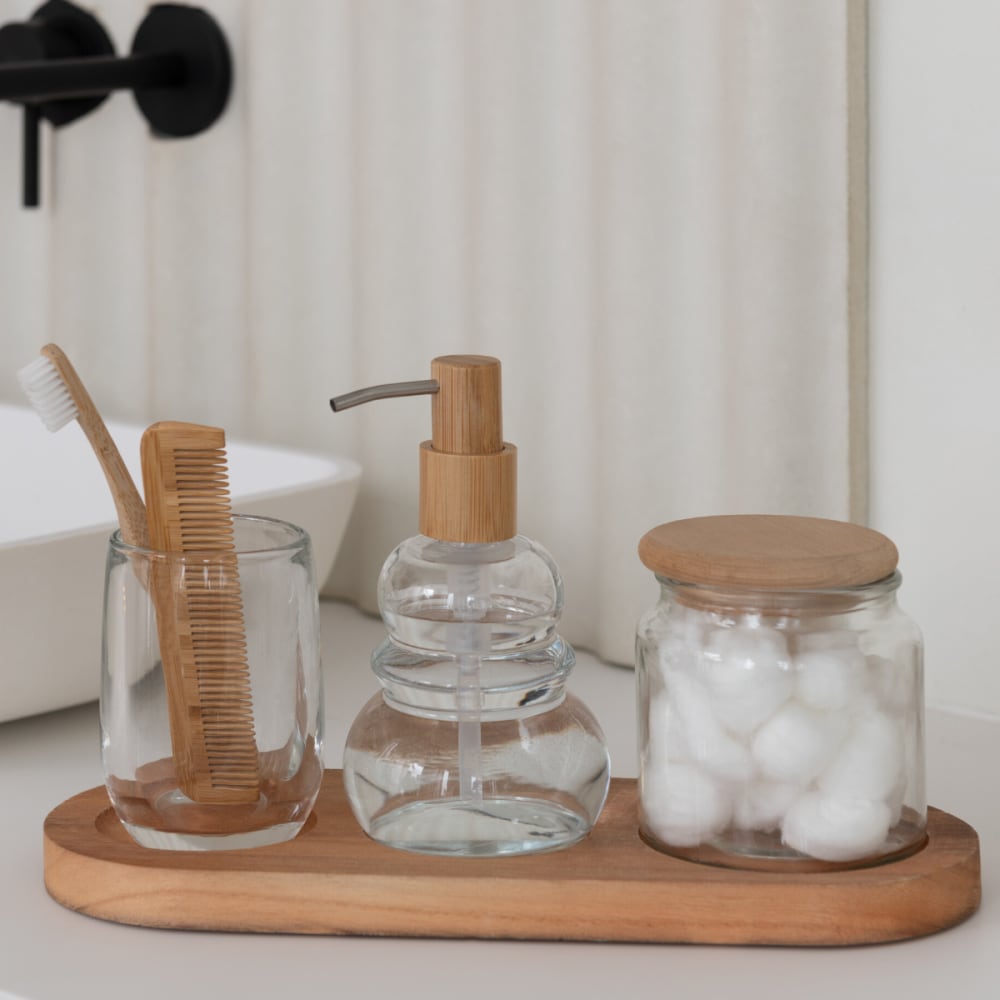 Ensemble de 4 accessoires de salle de bain en verre et bois - Maisons du Monde