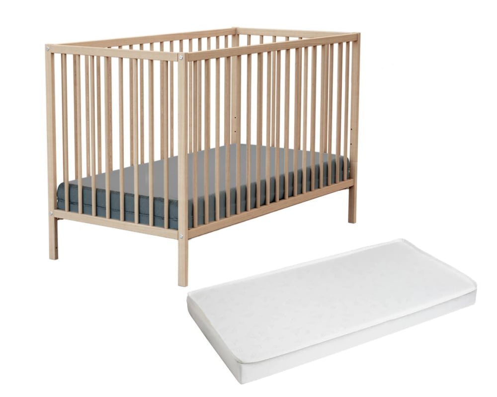 Lit+bebe+en+bois+avec+matelas+Hetre+Brut
