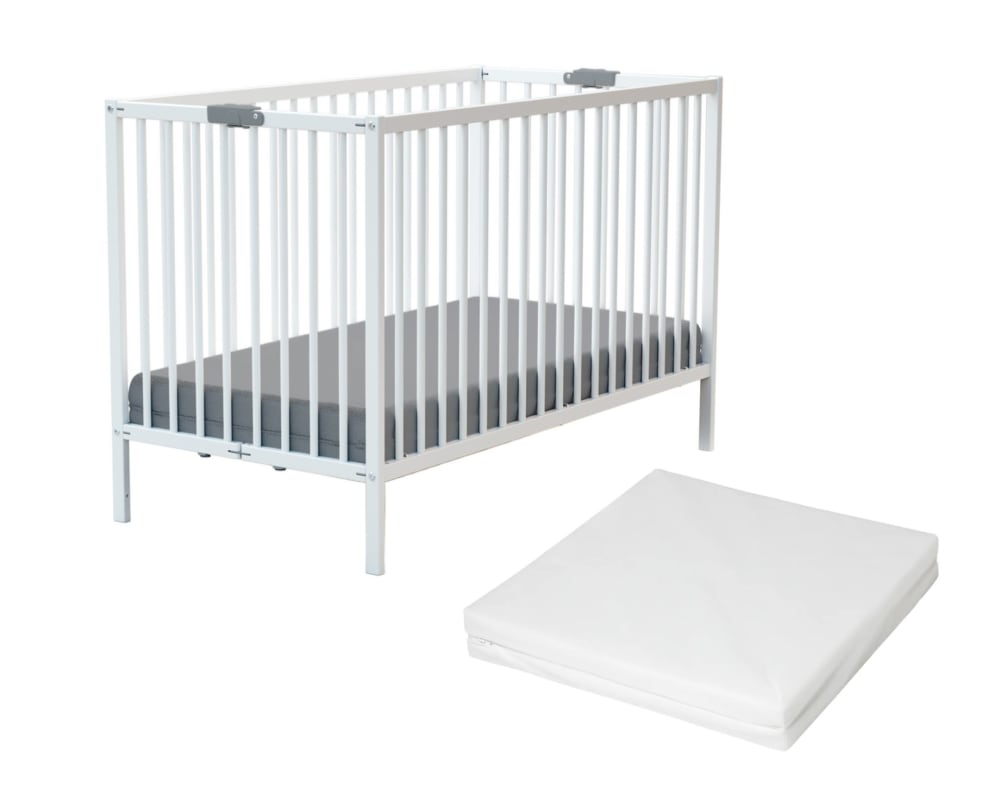 Lit bébé pliant en bois avec matelas Blanc 60x120