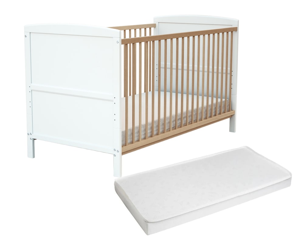 Lit bébé évolutif en bois avec matelas en bois Blanc et Hêtre Verni