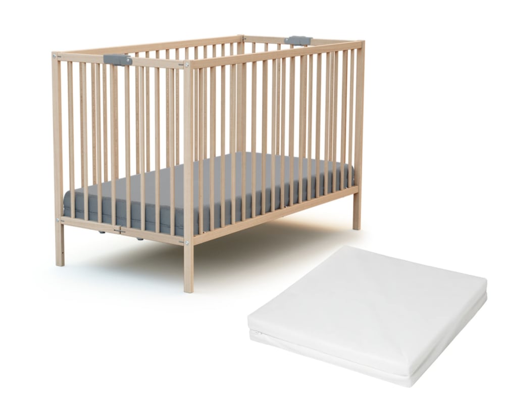 Lit bébé pliant en bois Hêtre Brut avec matelas