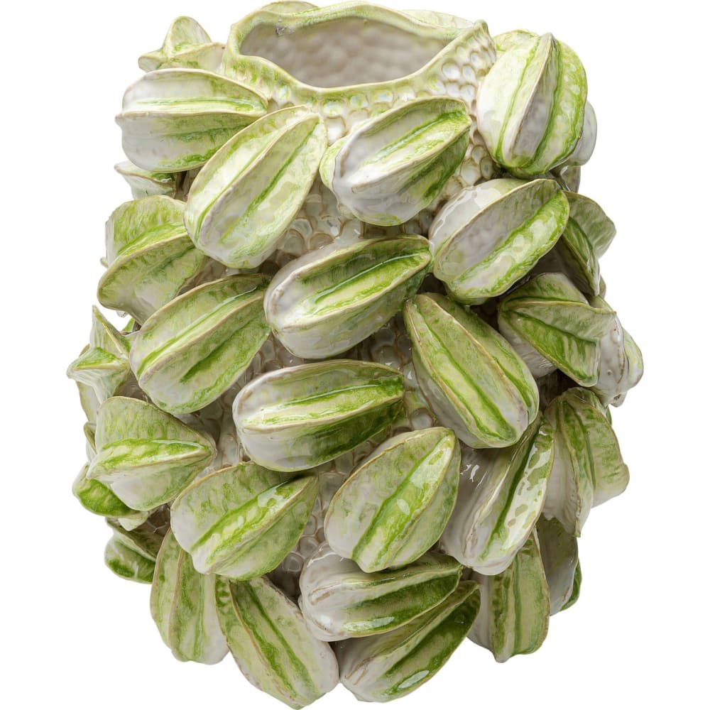 Vase caramboles en relief en grès blanc et vert H37