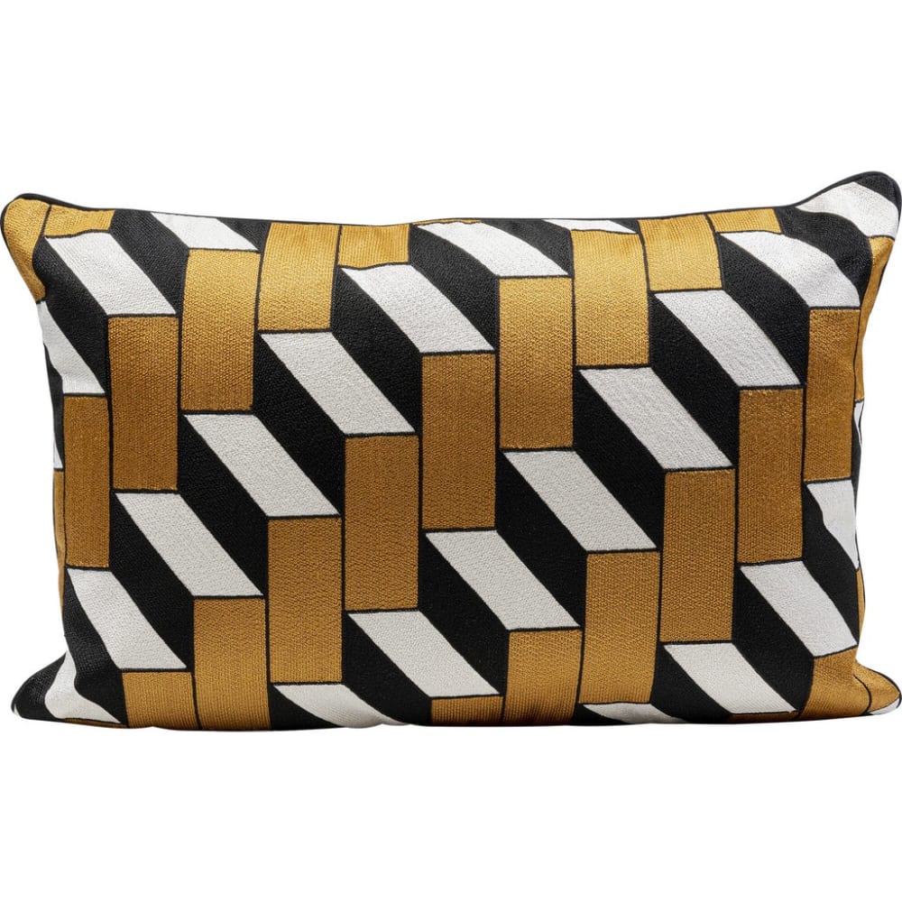 Coussin escaliers en coton doré, blanc et noir