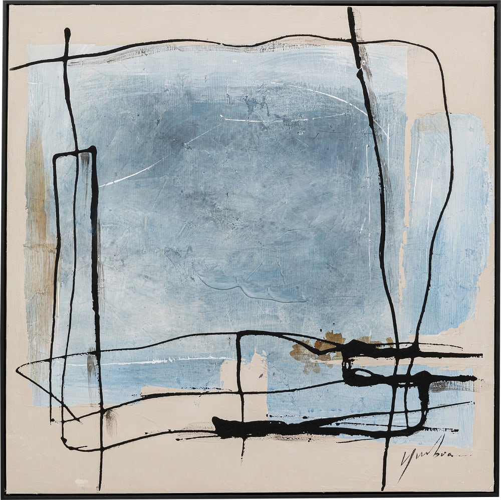 Leinwandbild, Handgemalt, Blau, Schwarzer Massivholz-Rahmen, 100X100Cm