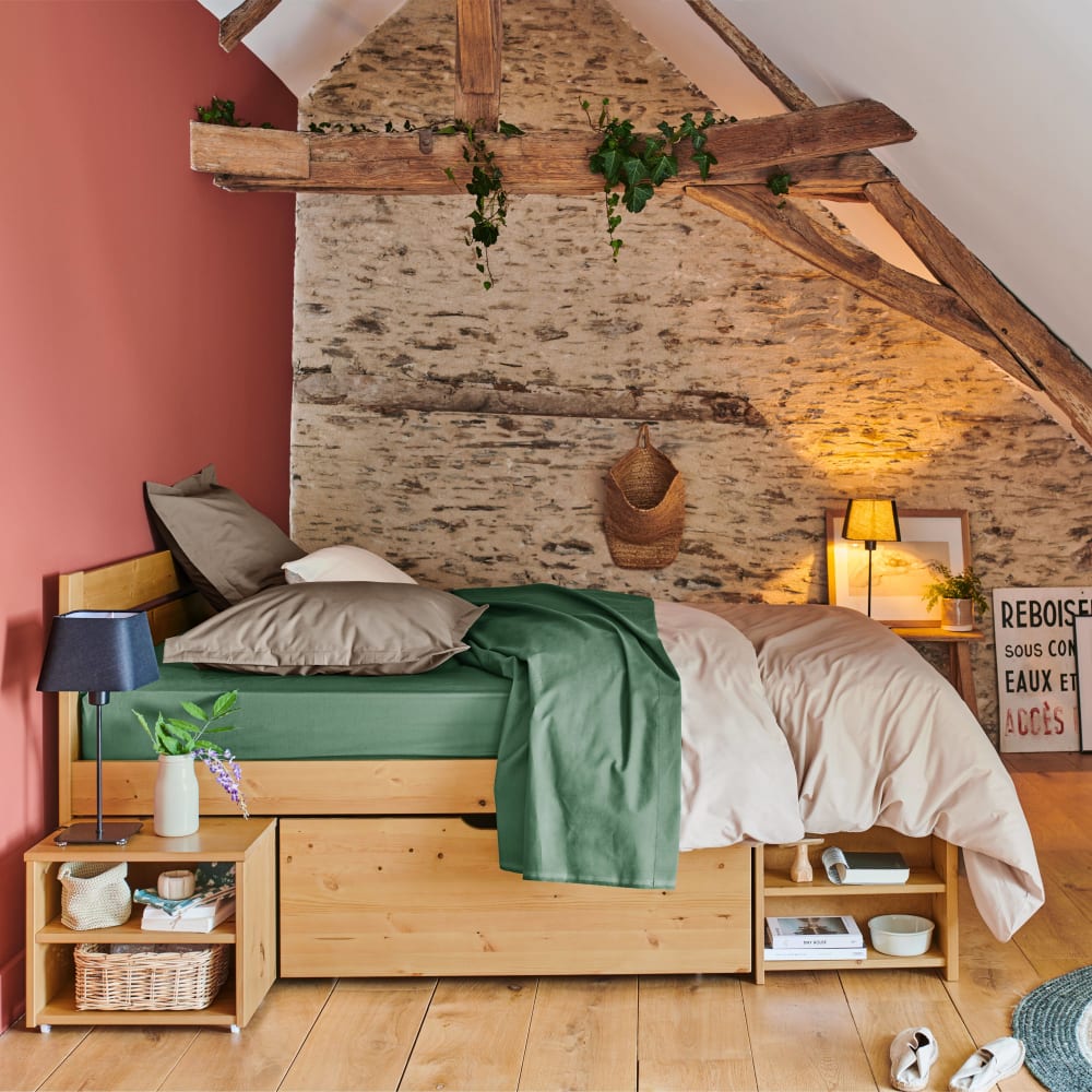 Lit rangement en bois massif miel 180 x 200 cm