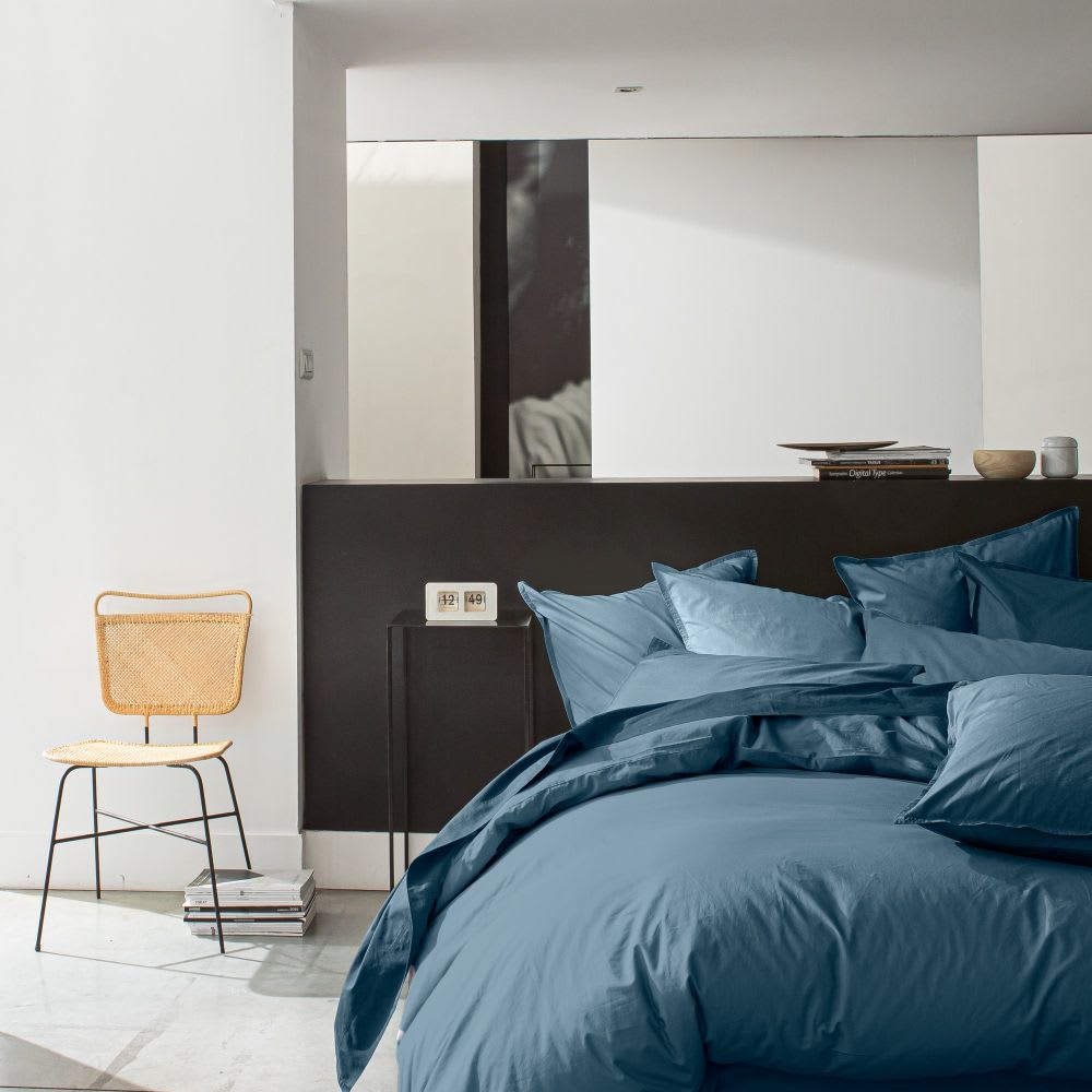 Housse de couette percale de coton lavé bleu 240x260 cm