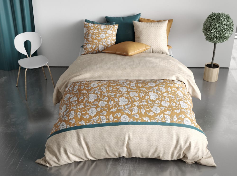 Parure housse de couette coton imprimée + 2 taies 260x240 cm
