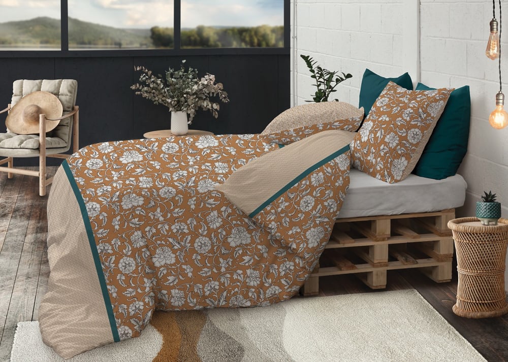 Parure housse de couette coton imprimée + 2 taies 240x220 cm