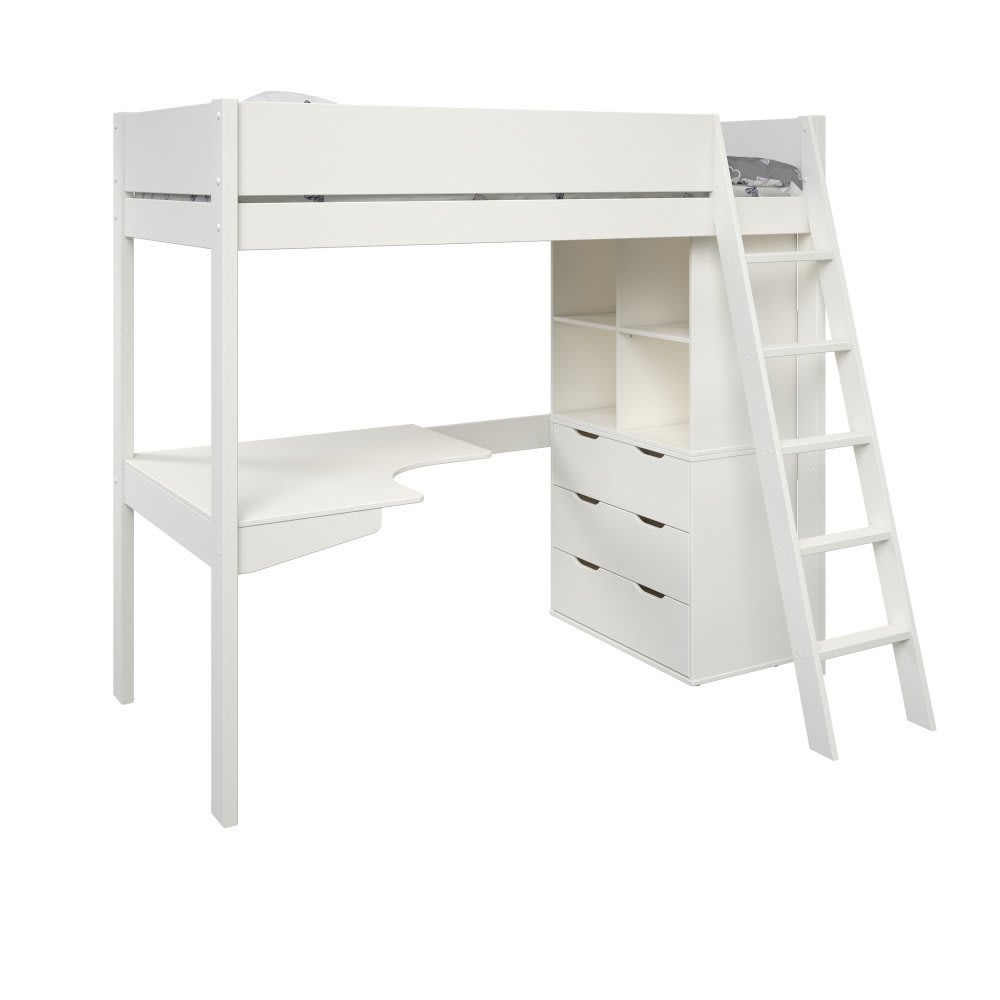 Lit mezzanine avec bureau et rangements en pin blanc 90x190