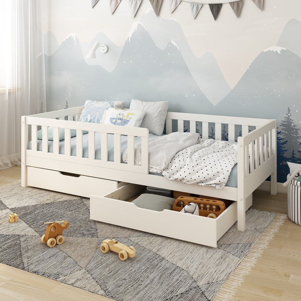 Lit banquette avec tiroirs pin massif blanc 90x200 - Maisons du Monde