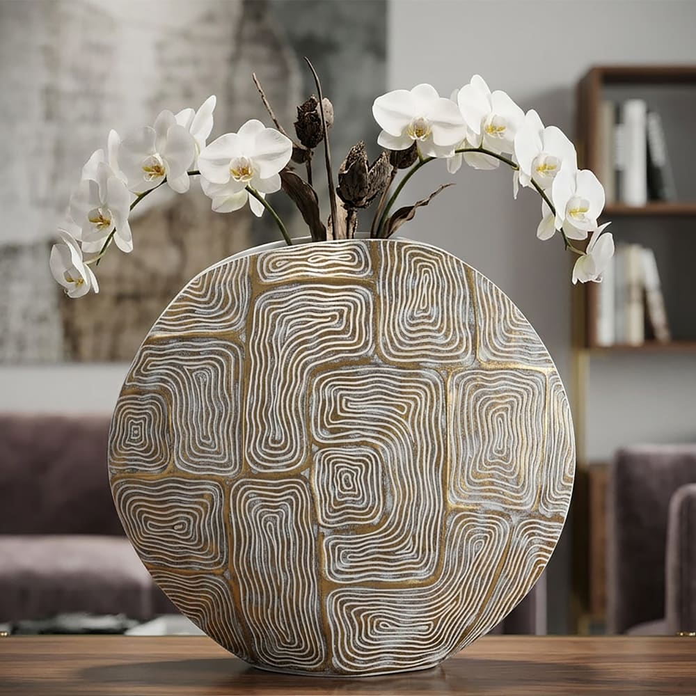 Mauro Ferretti Goldene Harzvase mit abstrakten Linien, 36 x 11 x 34,5 cm style classic chic Gold Harz