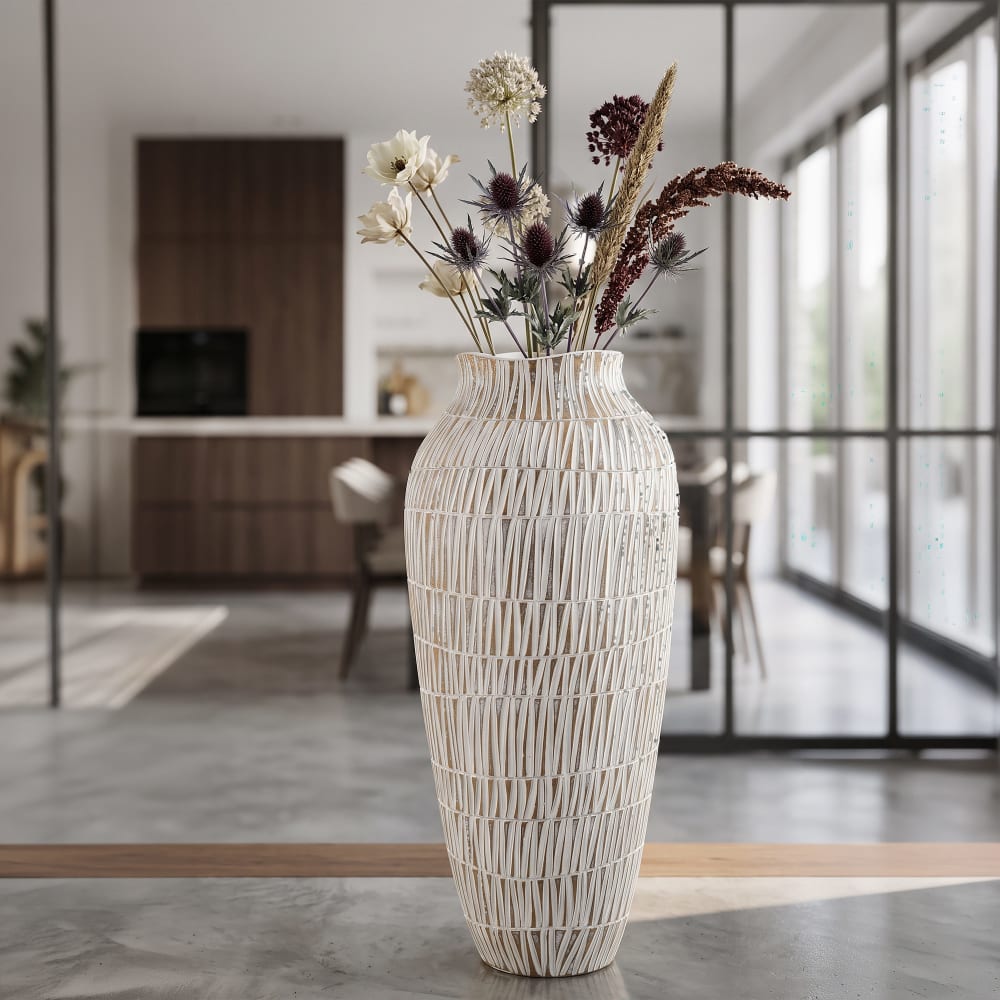 Mauro Ferretti Weiße Harzvase mit geometrischen Linien Ø 23 x 50 cm style classic chic Weiß Harz