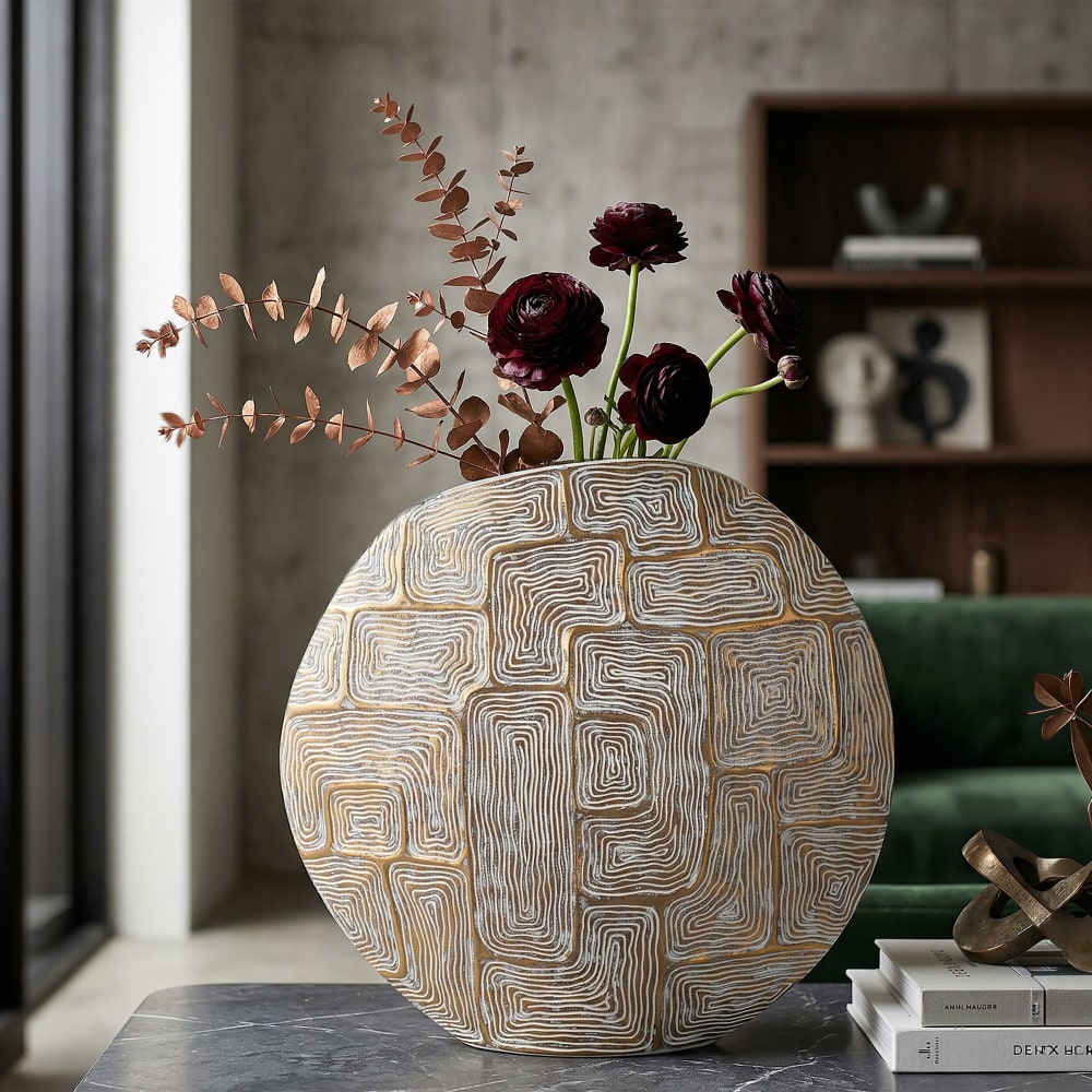 Mauro Ferretti Goldene Harzvase mit abstrakten Linien, 48 x 13 x 44,5 cm style classic chic Gold Harz