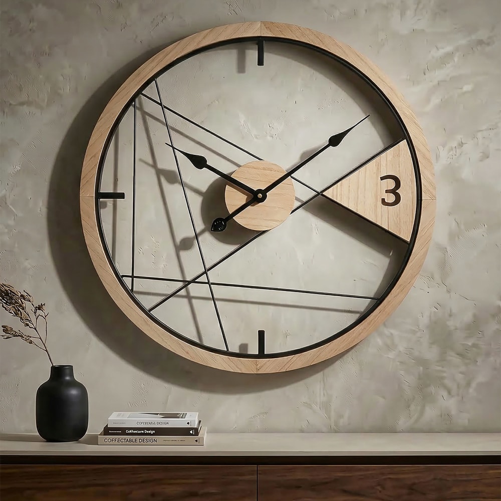 reloj redondo de pared de madera y metal marron o cm 60x25
