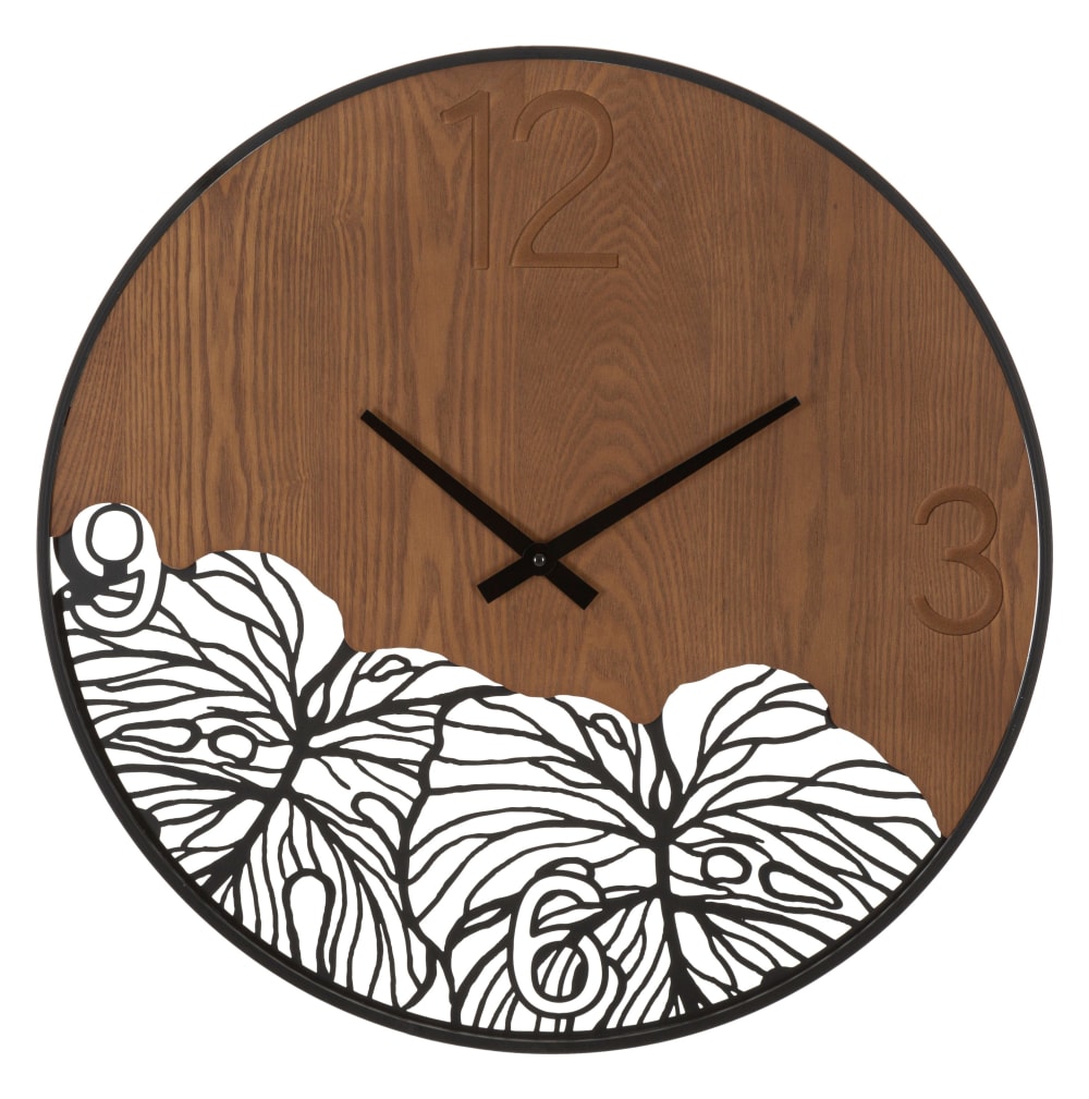 Runde Wanduhr aus braunem Holz und Metall, Ø 60 x 2 cm - Maisons