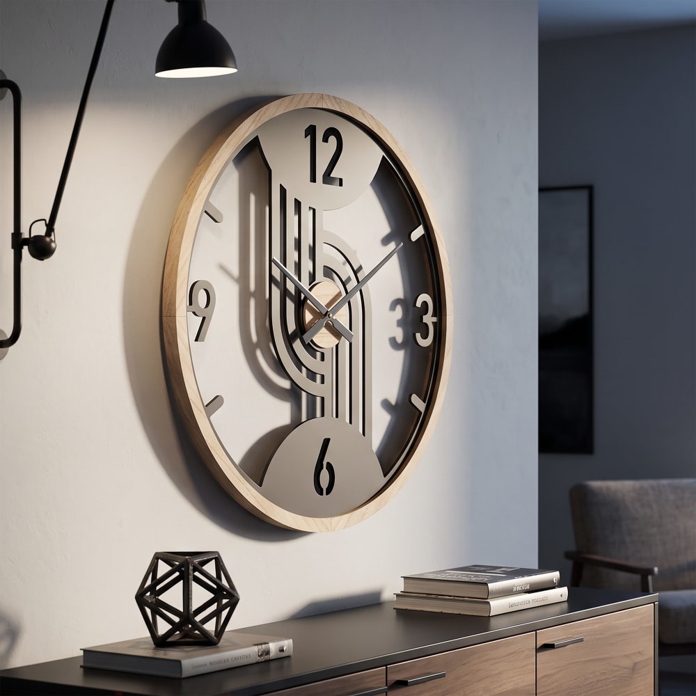 reloj de pared redondo de metal marron y madera o 60x25 cm