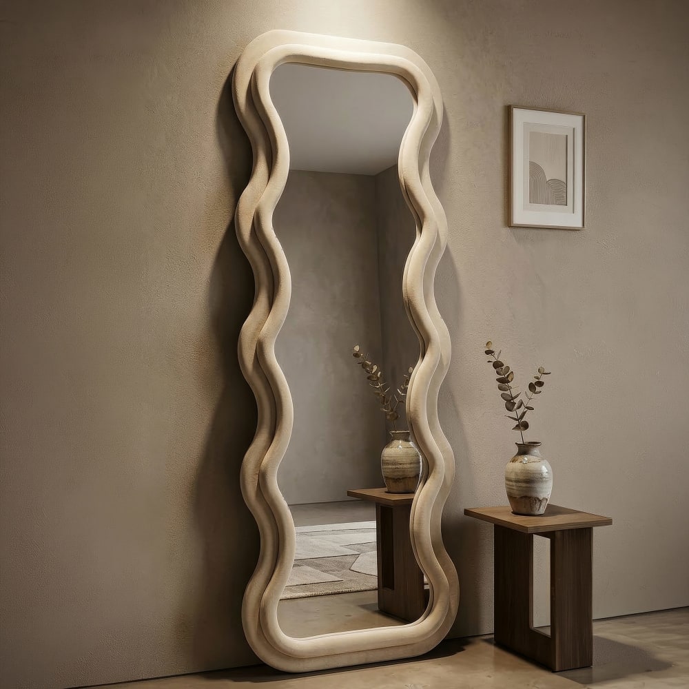 Mauro Ferretti Beigefarbener Samt-Wandspiegel 60x6x160 cm style modern Beige Pes - Polyester