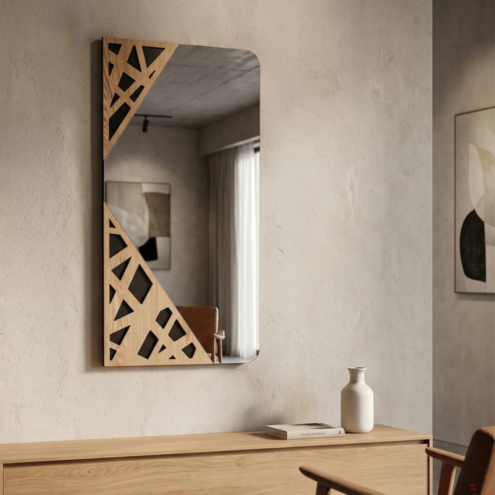 MAURO FERRETTI Rechteckiger Wandspiegel mit eleganten geometrischen Verzierungen aus braunem und schwarzem Holz. Maße: 50 x 90 cm, Stärke: 1 cm. Braun