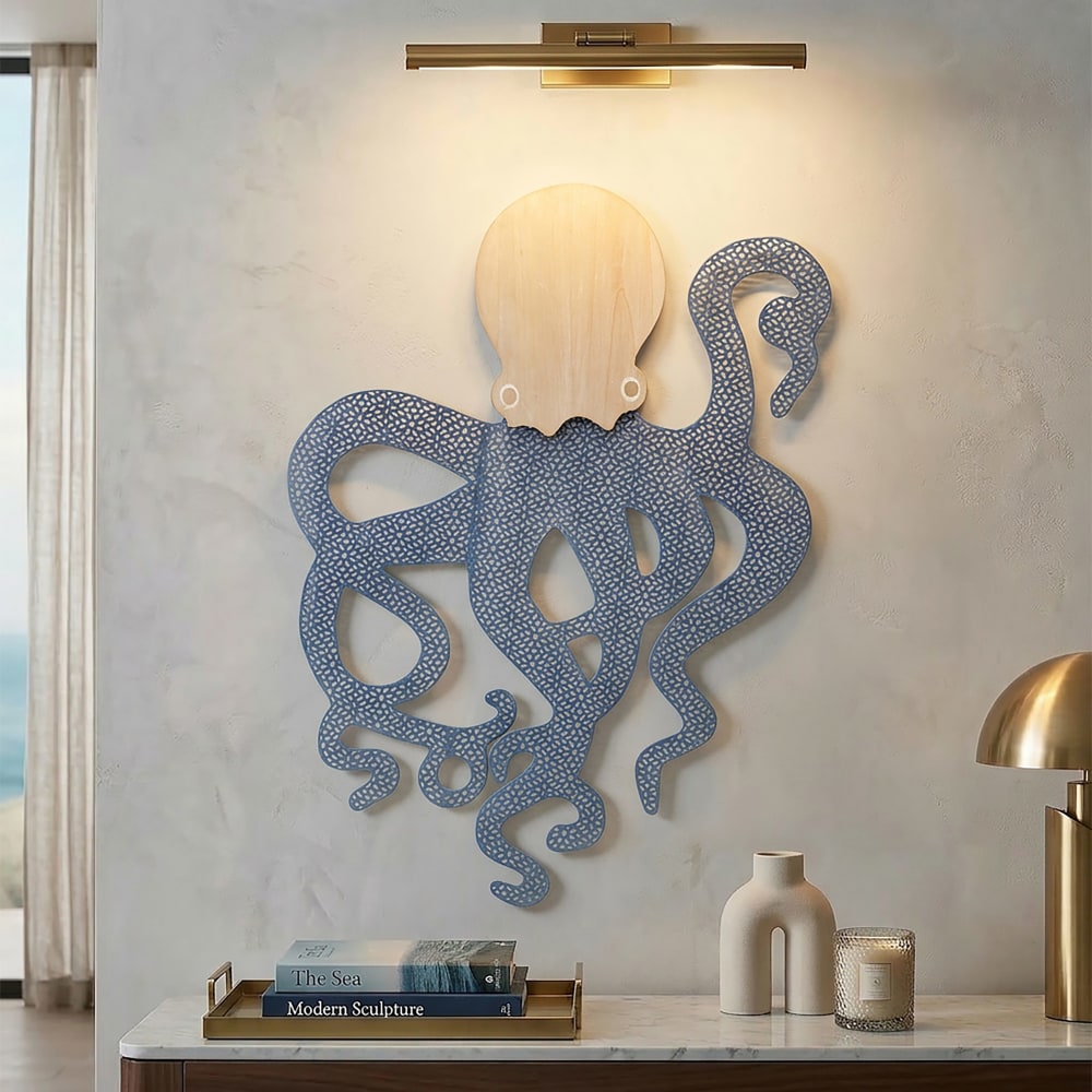 panel decorativo 3d pulpo de metal azul 41x15x57 cm