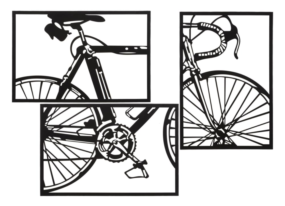 Set mit 3 3D-Metallpaneelen, schwarz, Fahrradmotiv, 40 x 1,3 x 60