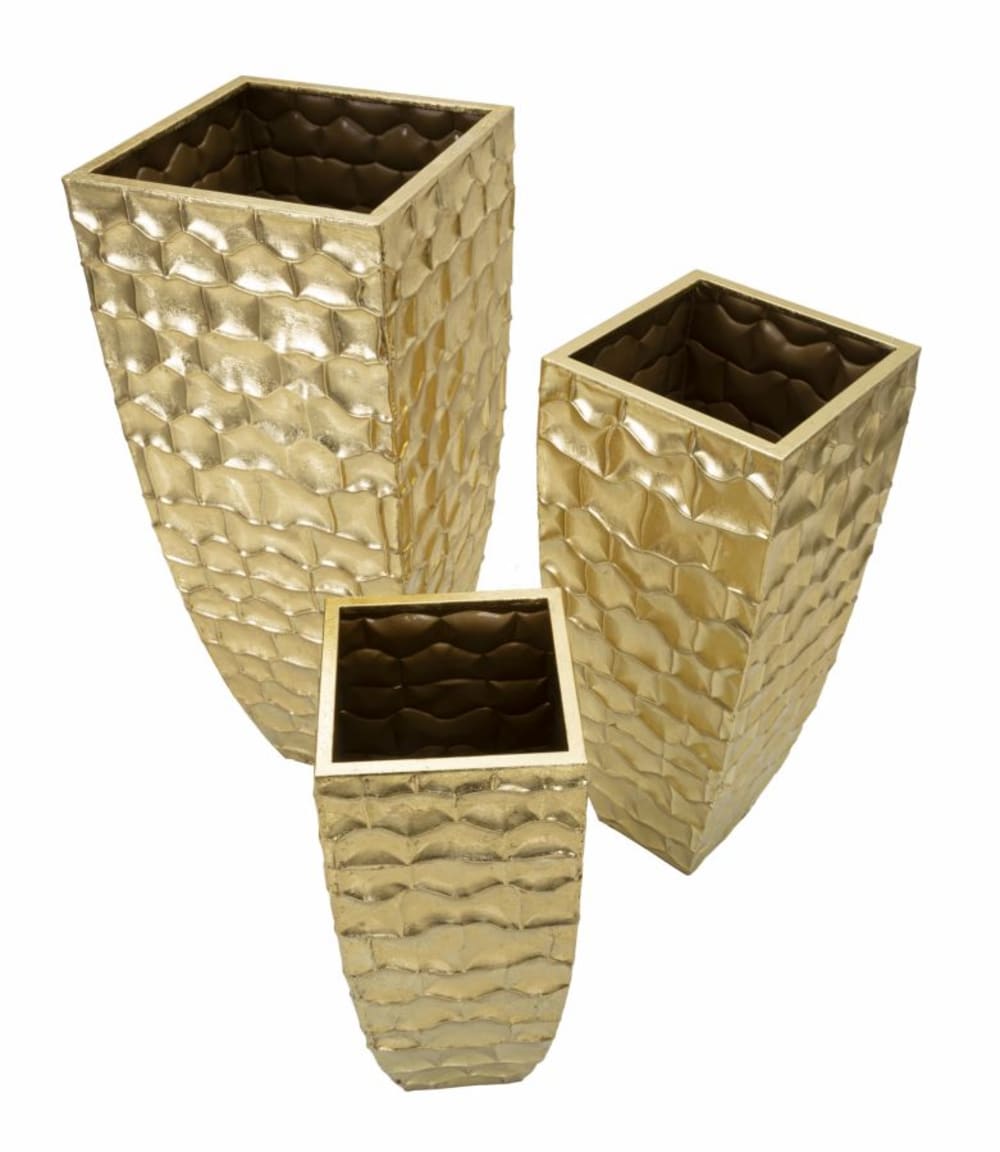 Lot de  3 Cache-pots en métal doré 38x38x94-30,5x30,5x76-23x23x63 cm