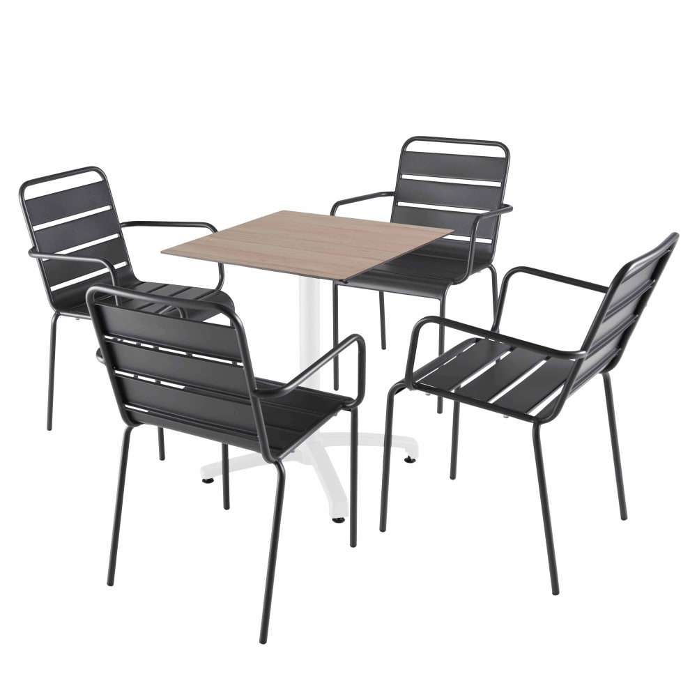 Ensemble table 60 cm chêne clair et 4 chaises en métal gris