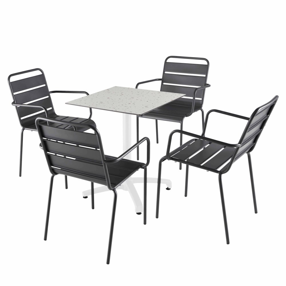 Ensemble table 60 cm terrazzo et 4 chaises en métal gris